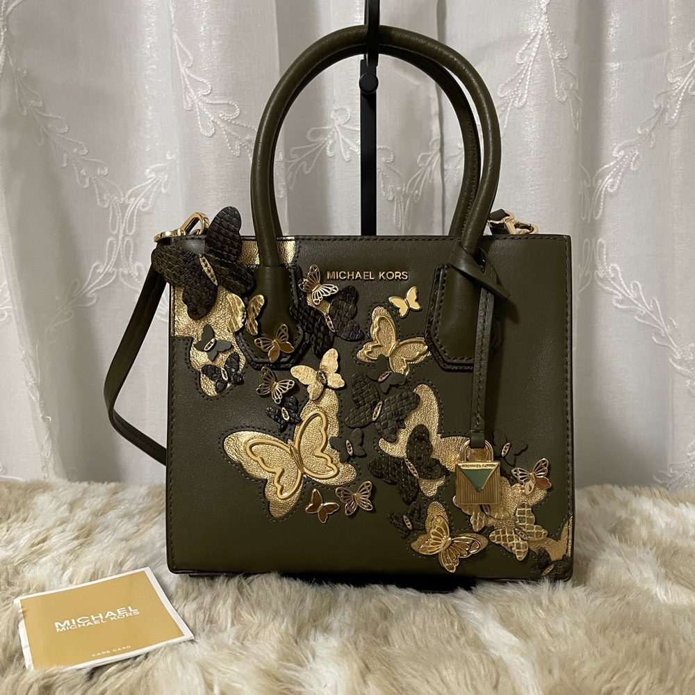 Michael Kors Crossbody Mercer Butterfly Embellished Accordion Olive Leather Tote